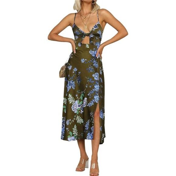 Army Green Floral Print Satin Tie Front Bodycon Cami Dress Midi Party Dress - Picture 5 of 6